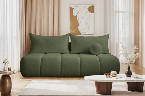 Kaiser Möbel - Sofa mit Schlaffunktion und Bettkasten, Schlafsofa mit Bettzeugbehälter, Wohnlandschaft, Klappsofa, Relaxsofa, Polstersofa, Zierkissen, Bequemes Couch für Wohnzimmer, Piano, Olive