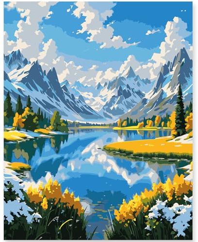 Kit de peinture par chiffres pour adultes débutants et enfants, 1 paquet 16 x 20 pouces Canva pour kits de peinture dans une boîte colorée (sans cadre) - montagnes de neige et de longues rivières