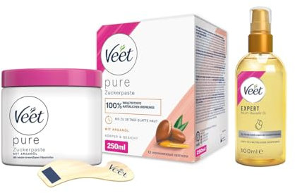 Veet Sugaring Zuckerpaste mit Arganöl für die Haarentfernung an Körper & Gesicht (250ml) + Körperöl für die Rasur & nach der Haarentfernung (100ml)