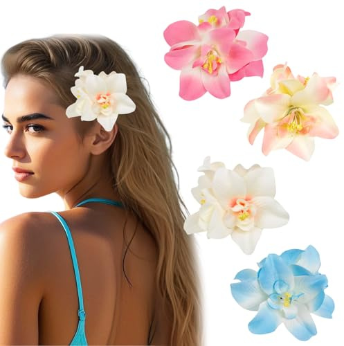Zernblend 4 styck hårspännen med Hawaiiblommor, blomhårspänne, håraccessoarer (Blå/Rosa/Röd/Rosa/Vit)
