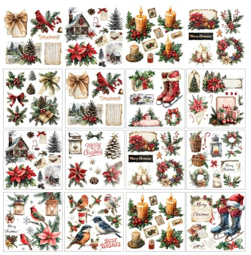 GOMAKERER 12 Blätter Weihnachten Rub auf Transfers für Kunsthandwerk, Vintage Weihnachten Santa Baum Weihnachten Rub auf Transfer Aufkleber Winter Abziehbilder für DIY Handwerk nach Hause Fensterdekor