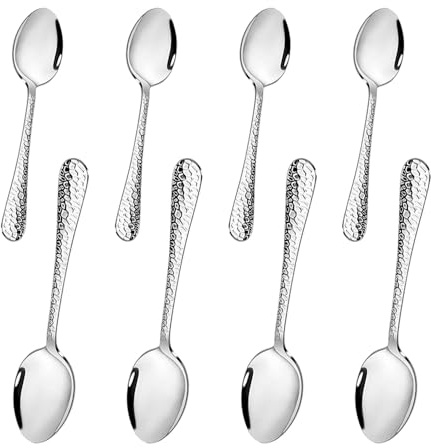 Teaspoons Set of 8 Stainless Steel Hammered Spoons Dishwasher Safe Cutlery Dessert Spoons Round Edge Coffee Spoon for Home Kitchen Party Restaurant