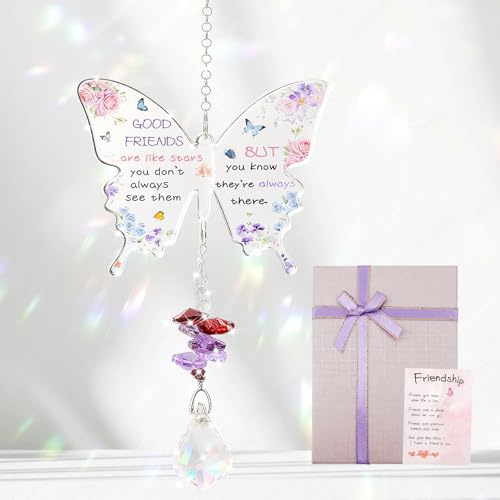 Friendship Gifts for Women, with Unique Poem - GOOD FRIENDS BUT Star Themed Crystal Suncatcher for Bestie, Birthday Present for Her, Unique Gift Set with Card & Gift Box