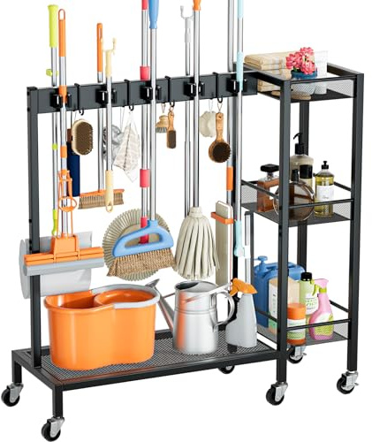 HPLWYM Broom and Mop Holder with Cleaning Supplies Organizer, Narrow Cleaning Cart with Cleaning Caddy, Large Capacity Cleaning Rack with Grippers Rack Hooks for Housekeeping Laundry Room Garage