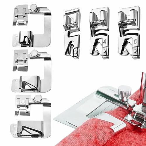 6 Pcs rolled hem foot Sewing Machine Kit - 3 Narrow (3/4/6mm) + 3 Hemmer Foot (4/8-6/8/8/8Inch) for rolled hem foot，hemming foot sewing machine，sewing machine accessories