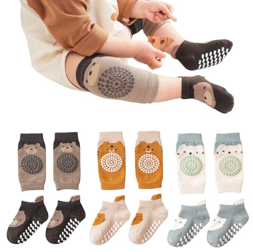 Mezrkuwr 3 Paar Baby Knieschoner und 3 Paar Baby Socken Baby Krabbeln set, Anti Rutsch mit Gummipunkte Krabbelschoner Stulpen Knieschützer für Kleinkinder 0-12 Monate