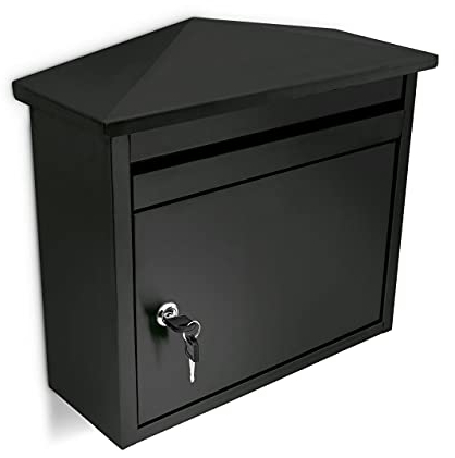 Relaxdays Letter Box, 41 x 37 x 16 cm, Powder Coated Metal, Wall Mounted Mailbox, Weather-Resistant Iron, Black