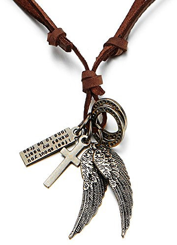 COOLSTEELANDBEYOND Retro-Stil Engelsflügel und Kreuz Anhänger Herren Damen Halskette mit Verstellbaren Braun Lederband