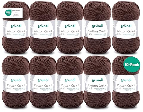 Gründl Cotton Quick Uni stickgarn/virkgarn (färgglatt garn tillverkat av 100% bomull, OEKO-TEX certifierad, nåltjocklek: 3 – 4) 10 x 50 g, choklad