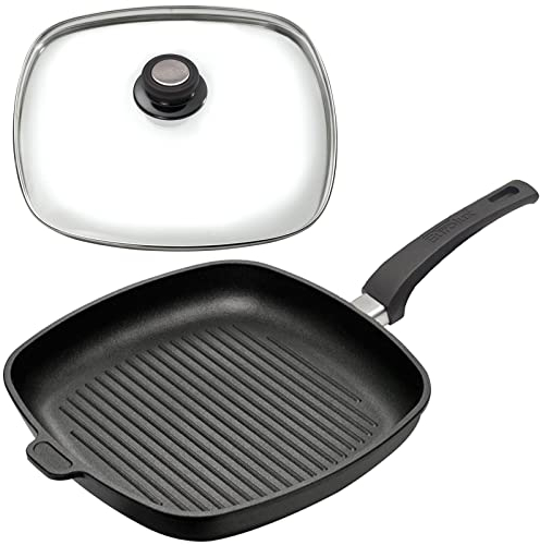 Eurolux große Eck-Grillpfanne 28x28 cm Set mit Glas-Deckel - 4.5 cm flache quadratische Guss-Pfanne mit Antihaft-Beschichtung - ohne Induktion - Made in Germany