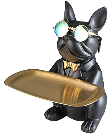 Vinbcorw Coole Bulldogge Skulptur Französisch Statue mit Edelstahl Tablett, Statue, Tischdekoration, Mode, Heimtextilien, Multifunktion, Schreibtisch Lagerung,Schwarz,B