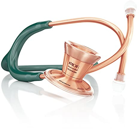 MDF Instruments ProCardial Cardiology Stethoscope, Lightweight Titanium, Adult, Dual Head, Emerald Green Tube, Rosegold Chestpiece-Headset, MDF797TRG21