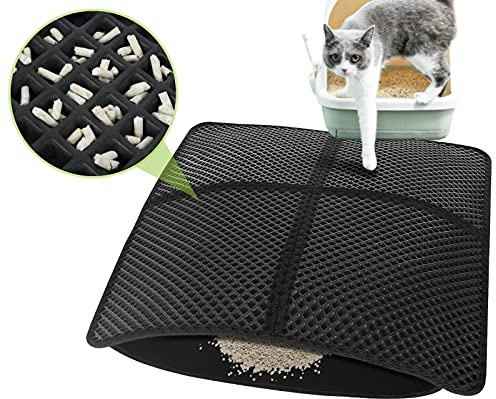 pecute Katzenklo Matte Katzenstreu Matte Doppelte Schichte, Faltbarer Katzenklo Unterleger wasserdichte rutschfeste Katzenklo Vorleger mit Großs Loch 65 * 75 cm Schwarz