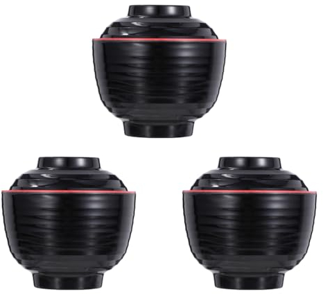 Cabilock 3Sets Miso Soup Bowl with Lid, Traditional Japanese Style Melamines Soup Bowl, Rice Bowls Ramen Bowl for Noodle, Salad, Snack, Nuts, Soup