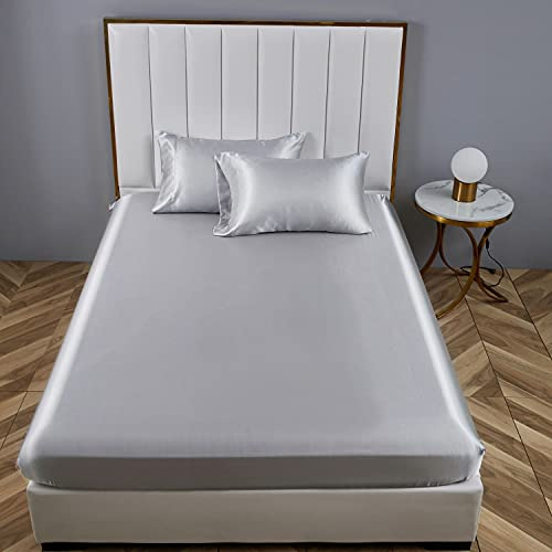 Boqingzhu Satin Spannbettlaken 160x200cm Grau Hellgrau Uni Seide Spannbetttuch Microfaser Bettlaken für bis 30cm Matraze
