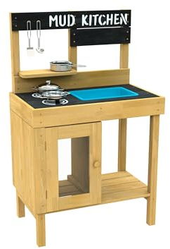 TP Toys Junior Cook Wooden Mud Kitchen - FSC Certified Timber. Includes A Starter Set Of Stainless Steel Pans & Utensils. Predrilled Holes And Easy Slot Frame, Perfect For Sand Play - 3 Years+