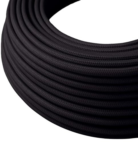 LEDSone 2 Core 5 Meters Black Colour Round Fabric Cable, Vintage Style Italian Braided 0.75mm Flexible Lighting Electrical Cable for UK Lighting.