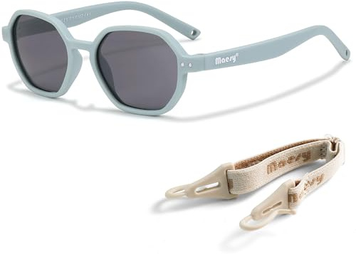 Maesy Gafas de Sol Niño 1-3 Años - Lentes Polarizadas UV400 Categoría 3 - Montura Flexible con Correa Ajustable - Diseño Hexagonal, Seguras y Cómodas - Yana, Azul Claro
