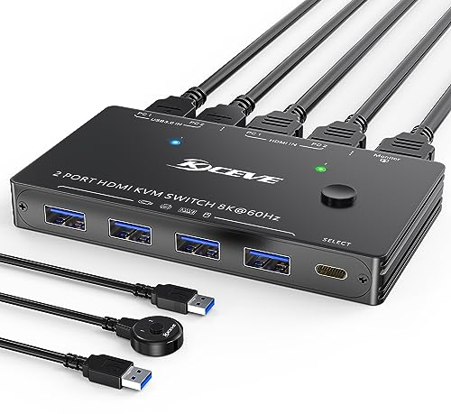 Conmutador KVM USB3.0 HDMI 2 Puertos 4K@120Hz, ESKEVE KVM Switch 2 PC 1 Monitor 8K@60Hz para 2 PC Comparte 1 Monitor y 3 dispositivos USB3.0. Con fuente de alimentación + mando a distancia por cable