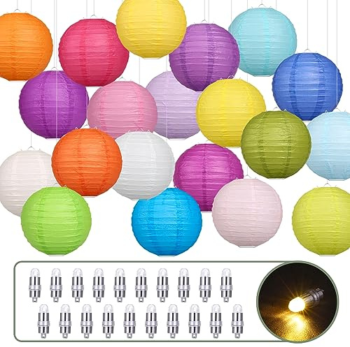 LIHAO 20PCS Colorful Paper Lanterns with Lights, Hanging Chinese Paper Lanterns for Party Decorations Weddings Birthday New Year Outdoor Home Indoor (8 inches)