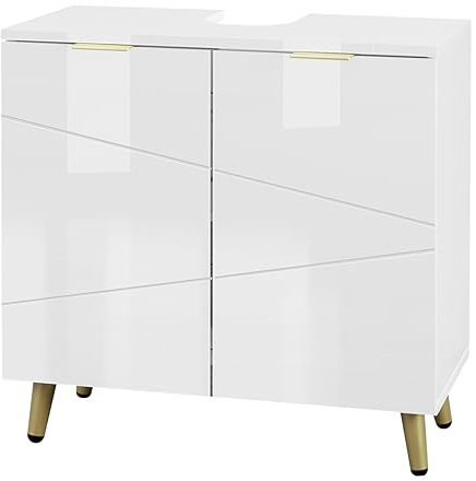 EUGAD Mobile Sottolavabo per Bagno, Armadietto Sotto Lavandino da Terra a 2 Ante, Mobiletto Copricolonna in Legno, con Ripiano Regolabile e Foro per Sifone, Bianco Lucido, 60x30x60cm