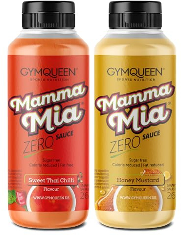 GymQueen Mamma Mia Zero Sauce 2x265ml, Sweet Thai Chilli + Honig Senf, kalorienreduziert, ohne Fett & ohne Zuckerzusatz, zum Verfeinern von Gerichten oder als Salat-Dressing