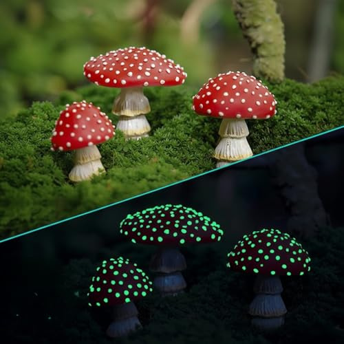 Supvox Pilz Deko: 3 Stück Leuchtende Miniatur Pilze für Feengarten | Harz Pilzfiguren für Garten, Blumentöpfe und Miniaturlandschaften mit märchenhaftem Leuchteffekt
