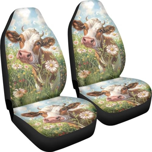 Poceacles Coprisedili per auto per sedili anteriori, protezione per veicoli, coprisedili anteriori, elastici, lavabili, accessori per auto, copertura per sedile a secchiello, motivo floreale con mucca