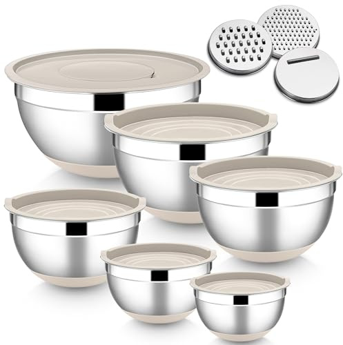 HaWare blandningsskål set om 6, rostfritt stål skål salladsskål set med lufttätt lock & 3 rivtillbehör, 4,6 l/2,8 L/2,5 L/1,6 L/1,2 L/0,7 L, halkfri silikonbotten och diskmaskinssäker, khaki