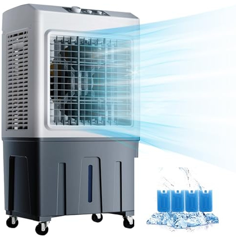 FQWYNMZ Aire Acondicionado Portatil, Climatizador Evaporativo 3 en 1 con Tanque de Agua de 50 Litros, Enfriador de Aire con 3 Velocidades, 4 Paquetes de Hielo, Humidificador Industrial para Habitación