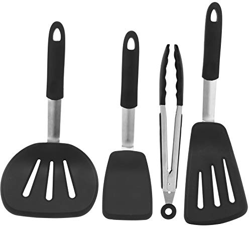 Lybunair Kit de utensilios de cocina de 4 piezas, silicona y acero inoxidable, espátula ranurada, pinzas para alimentos para cocinar y utensilios de cocina a prueba de palos