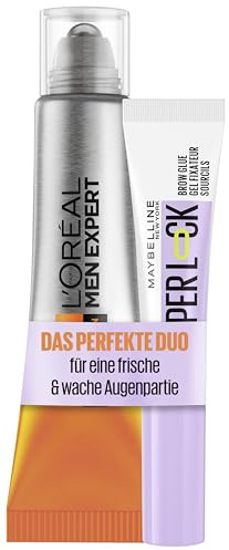 Maybelline New York Augenbrauengel, Super Lock Brow Glue, starker Halt, definierte Brauen, transparent, 8 g + L'Oréal Men Expert Augen Roll-On, gegen Falten und Augenringe, Hydra Energy, 10 ml