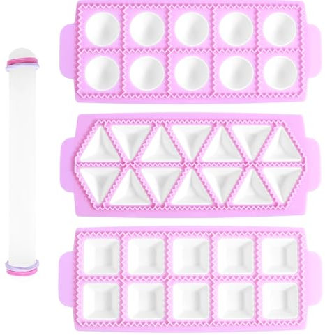Set di 3 stampi per ravioli con 1 mattarello, 10 griglie rotonde, 10 griglie quadrate e 14 griglie, vassoio triangolare in plastica per ravioli, per ravioli fatti in casa, cucina