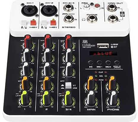 FHPEWXDG Professional DJ Audio Sound Mixer, 4-Channel Sound Board Audio Controller with Bluetooth & USB Audio Interface, Stereo Equalizer, 3-Band EQ, for Studio & Stage