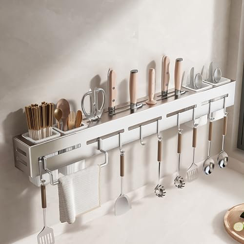 XEIJAYI Ganci for utensili, portacoltelli in acciaio inox da parete, portacoltelli con ganci, porta bacchette, senza foratura, supporto for riporre utensili da cucina(Silver,60cm)
