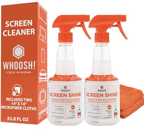 WHOOSH! Limpiador de Pantalla Pro 2 x 500 ml, Sin Alcohol, Sin Marcas, TV OLED LCD, Monitor PC, Smartphone, Tablet, Recargable, 2 Paños de Microfibra