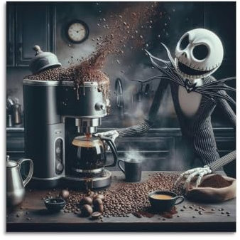 ZXJYMX Food And Drink Poster Funny Skeleton Man Making Coffee Poster Decorative Painting Canvas Wall Posters And Art Picture Print Modern Family Bedroom Decor Posters 20x20inch(50x50cm)