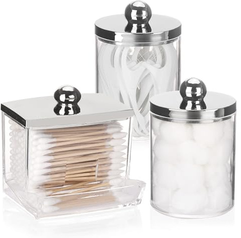 Tbestmax Distributeur de boules de coton de 283,5 g, distributeur de 298,4 g, organisateur de salle de bain pour le rangement des cotons-tiges, tampons – Bocal d'apothicaire avec couvercles argentés