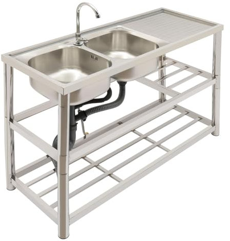Doppel Spülbecken, Edelstahl küchenspüle 120x45x80cm, Doppelspüle Küche Edelstahl Gewerbliche Spülbecken mit Armatur Doppelte Wasserhahnlöcher Freistehende Spültisch Komplettes Set