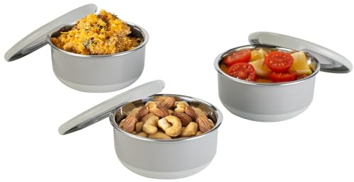 Lille Home 220 ml sminkbehållare för smaktillsatser, salladsdressing, dipp, rostfritt stål doppande såskoppar, minimatförvaring med lock, set med tre, läckagesäker, BPA-fri (grå)