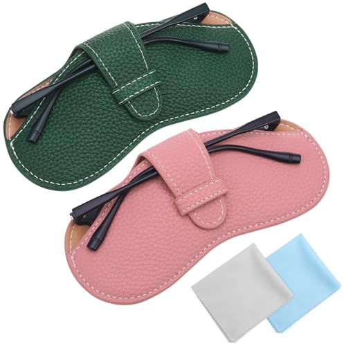 ViEinkaufen 2 Pcs Slim Glasses Case, Leather Glasses Case Soft Spectacle Cases Anti-Scratch Sunglasses Pouch with Cleaning Cloth Eyeglasses Storage Bag for Women Men-Green, Pink