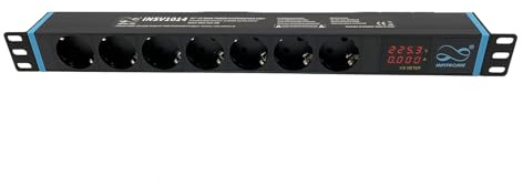 Infitronic INSV1014A 19 Zoll PDU Steckdosenleiste 1HE, 7-Fach Stromverteiler mit Digitaler Anzeige für Volt & Ampere, Rack Monitoring Display, 3680W 16A, Aluminium Schwarz, 2m Kabel, Serverschrank