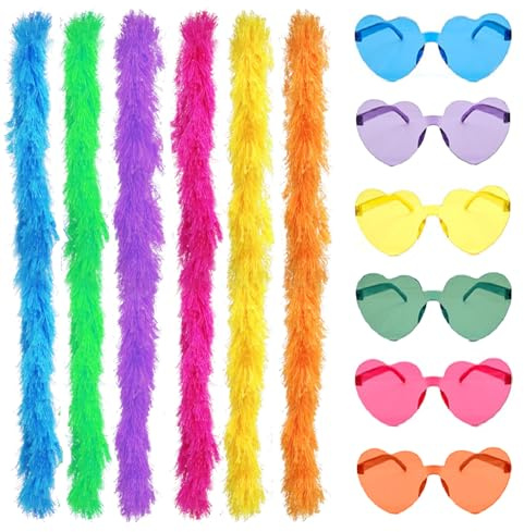 6 stycken färgglada fjäderboas med 6 ramlösa solglasögon, konstgjorda fluffiga boas för kvinnor, flickor, 2 m fjäderboas, festtillbehör för fest, karneval, halloween, svensexa, kostymtillbehör
