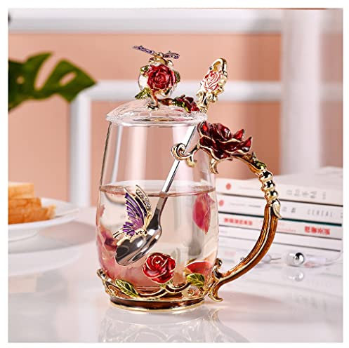 GOOPEEG Tazza Cappuccino, Tazza da tè Tazze da caffè in Vetro con Cucchiaio Tazza da caffè a Forma di Farfalla con Fiori di Rosa Bella Regali di Compleanno per Le Donne Moka(with Lid,12cm)