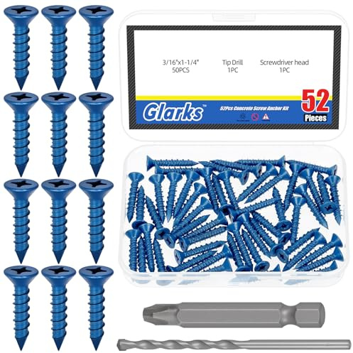 Glarks 52pcs 3/16’’ x 1-1/4’’ Cross Flat Head Concrete Screw Anchor Kit, Blue Heavy-Duty Cement Screws avec Drill Bit et PH2 Bit pour l’ancrage à la maçonnerie