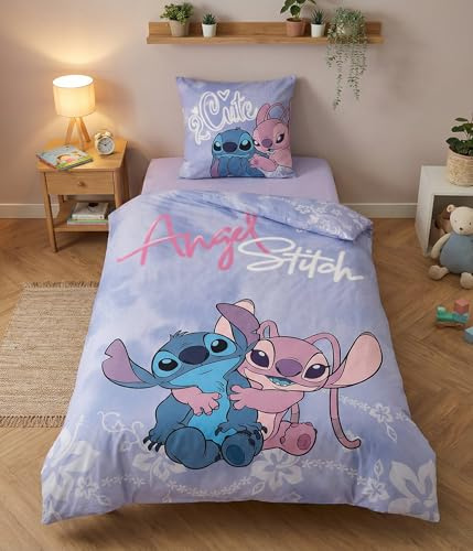 Stitch e Angel Copripiumino Singolo 140x200 + Federa 65x65 Misto Cotone | Set lenzuola reversibile | Misto cotone asciugatura rapida | Disney Lilo & Stitch | Teen & adulti | Regalo | Idea regalo