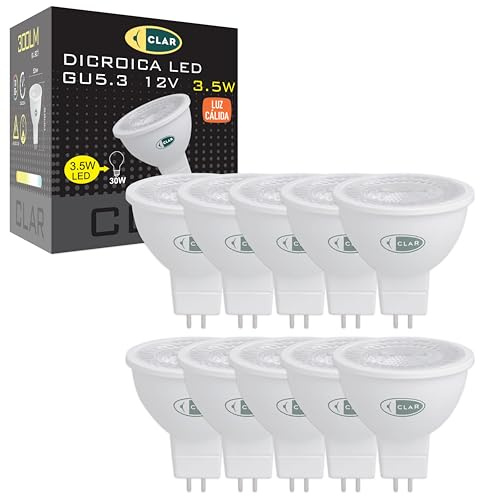 CLAR - Bombilla LED GU5.3, GU5.3 LED, MR16 LED, 3,5W Blanco Cálido 3000ºK (Pack 10)