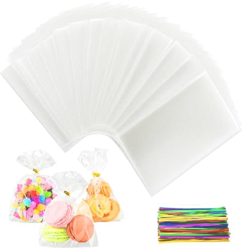 100 Stück Cellophantüten Klein 10x15 cm, Durchsichtige Zellophantüten mit 100 Bunte Krawatten – Süßigkeiten Geschenkbeutel für Hochzeit, Geburtstag, Weihnachten Party Kekse & Schmuck - Gicctyble
