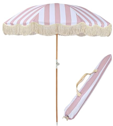 Parasol de Plage, Parasol à Franges, Parasol d'extérieur rayé avec Franges, abri Solaire avec mât inclinable pour Balcon, terrasse, Piscine, Plage, Jardin