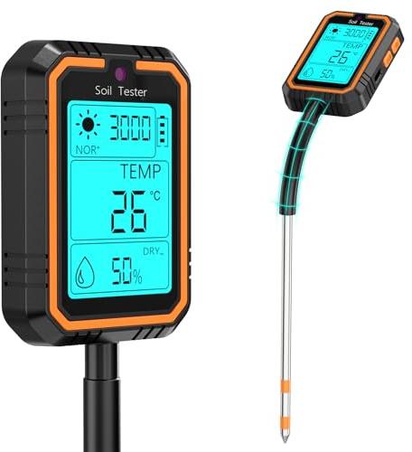 Medidor de Humedad de Plantas 4 en 1 para PH/Humedad/Temperatura/Intensidad con Pantalla LCD Retroiluminada, Higrómetro de Suelo Monitor de Riego de Flores para Interior y Exterior Jardín, Césped